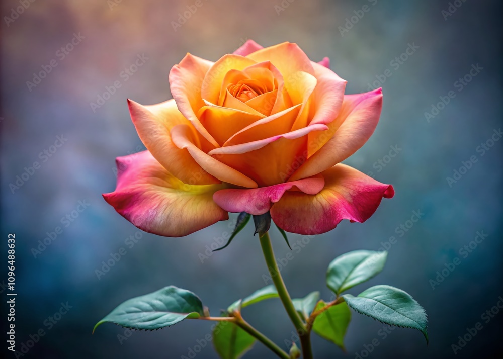 A Single Delicate Rose with Soft Orange and Pink Petals Symbolizing Beauty and Resilience Against a Muted Background in Panoramic Photography A Single Delicate Rose with Soft Orange and Pink Petals Symbolizing Beauty and Resilience Against a Muted Background in Panoramic Photography