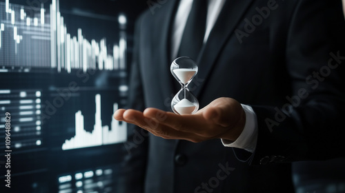 businessman holding white hourglass in open palm. white digital market chart index in the background photo