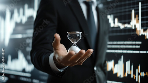 businessman in suit holding white hourglass into the camera. technical market chart indexes in the background analizing current market situation photo