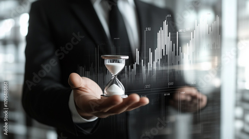 businessman in suit holding white hourglass on open palm. white holographic market chart index in front of businessman respresenting rising economy market photo