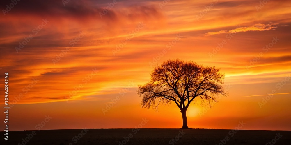 A Solitary Tree Silhouetted Against a Vibrant Orange Sunset Over a Barren Landscape, Capturing the Essence of Isolation and Natural Beauty in Minimalist Photography A Solitary Tree Silhouetted Against a Vibrant Orange Sunset Over a Barren Landscape, Capturing the Essence of Isolation and Natural Beauty in Minimalist Photography