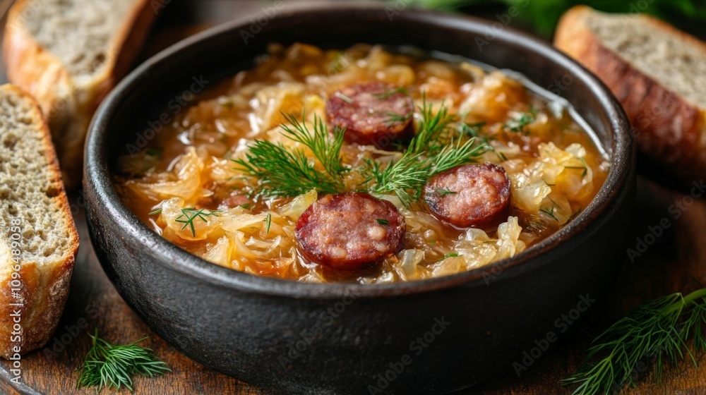 Hearty cabbage soup with sausages. Hearty cabbage soup with sausages.