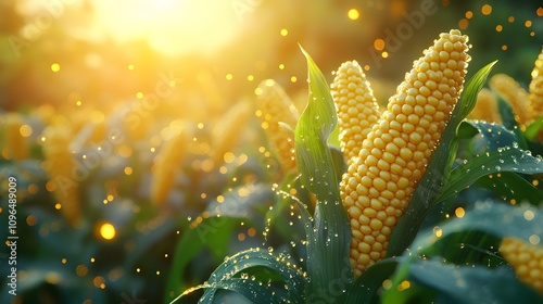Wallpaper Mural 3D cartoon corn on the cob with stylized yellow kernels, featuring vibrant green leaves with water droplets and golden sunlight effect in glossy finish. Torontodigital.ca