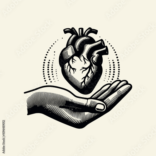 Vintage-style illustration of a human heart being held in an open hand, symbolizing care, compassion, or vulnerability. Black and white woodcut art with intricate details. Isolated, cut out