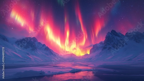 Artistic Stunning Northern Lights Illuminating the Night Sky Over a Snow-Covered Landscape in the Arctic Region with Majestic Mountains and Reflective Water