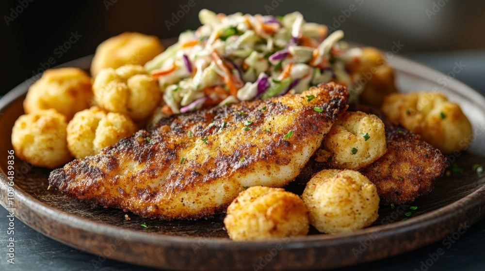 A plate of fried fish with sides. A plate of fried fish with sides.