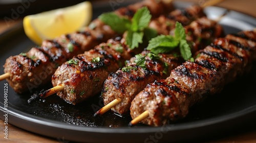 Grilled kebabs with herbs.