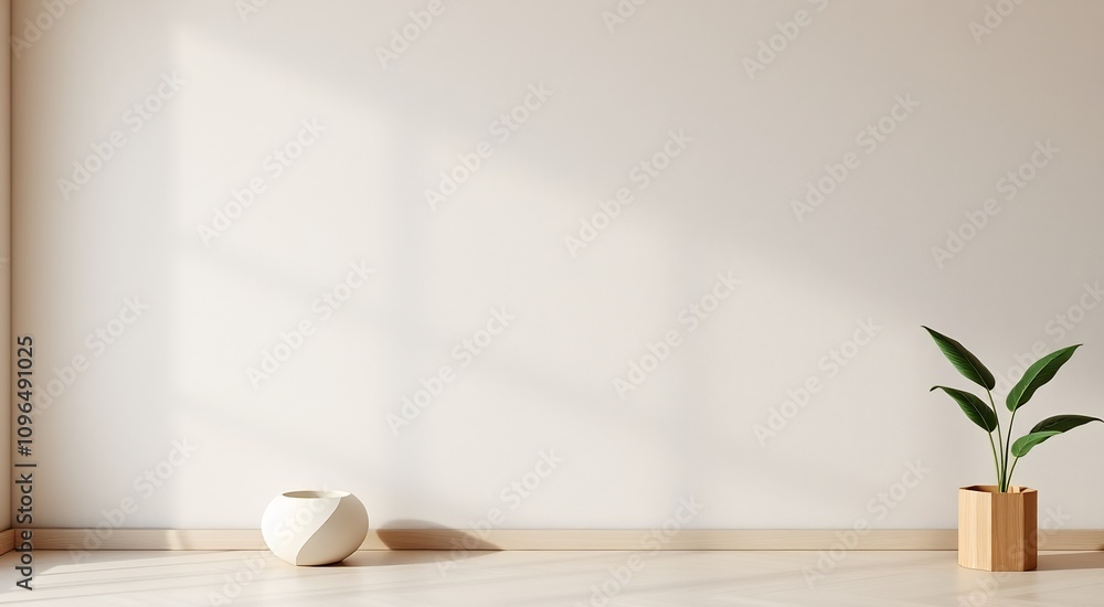 Minimalist interior design with a plant in a wooden pot and a white vase on a wooden floor. Minimalist interior design with a plant in a wooden pot and a white vase on a wooden floor.