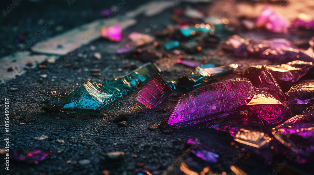 Fototapeta premium Scattered iridescent glass shards on asphalt cyberpunk style