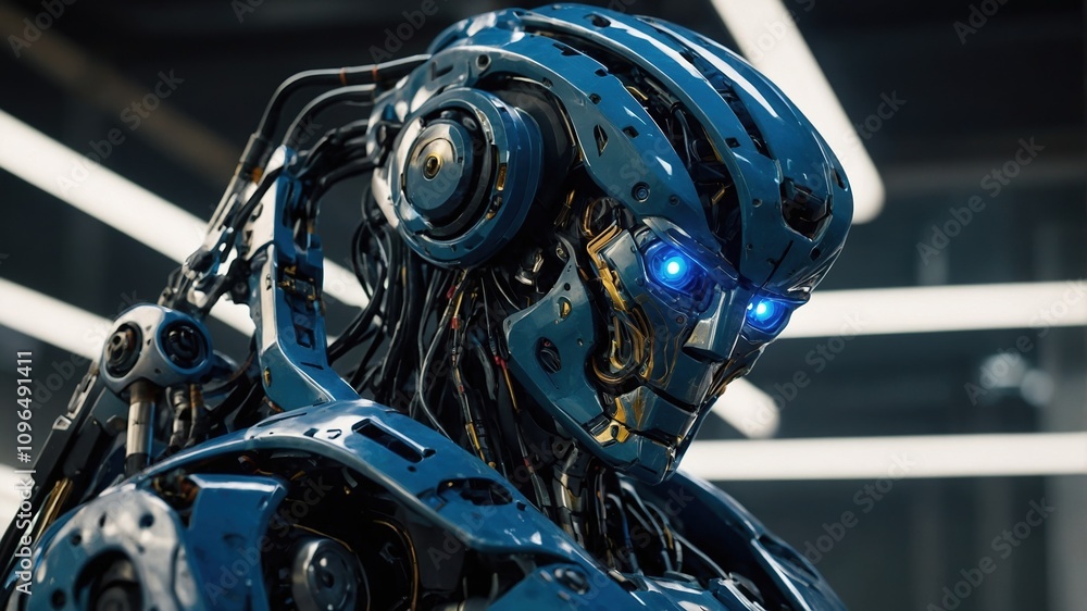 Futuristic Blue Humanoid Robot with Luminescent Eyes - High-Tech Design Futuristic Blue Humanoid Robot with Luminescent Eyes - High-Tech Design