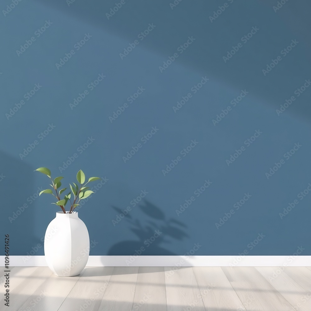 Minimalist interior with a white vase and green plant against a blue wall. Minimalist interior with a white vase and green plant against a blue wall.