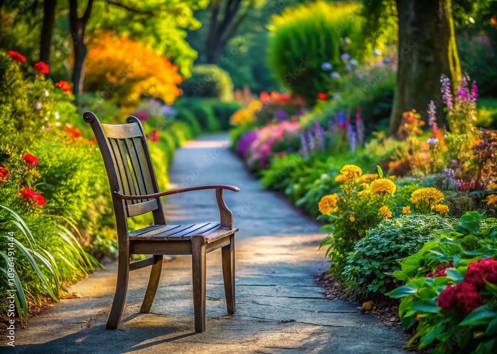 Obraz premium A Tranquil Chair Adjacent to a Cement Pathway in a Park, Surrounded by Lush Greenery and Vibrant Flowers, Ideal for Capturing the Essence of Outdoor Relaxation and Nature’s Beauty