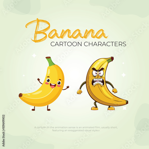 Happy and Angry Banana Cartoon Characters Fruit Design