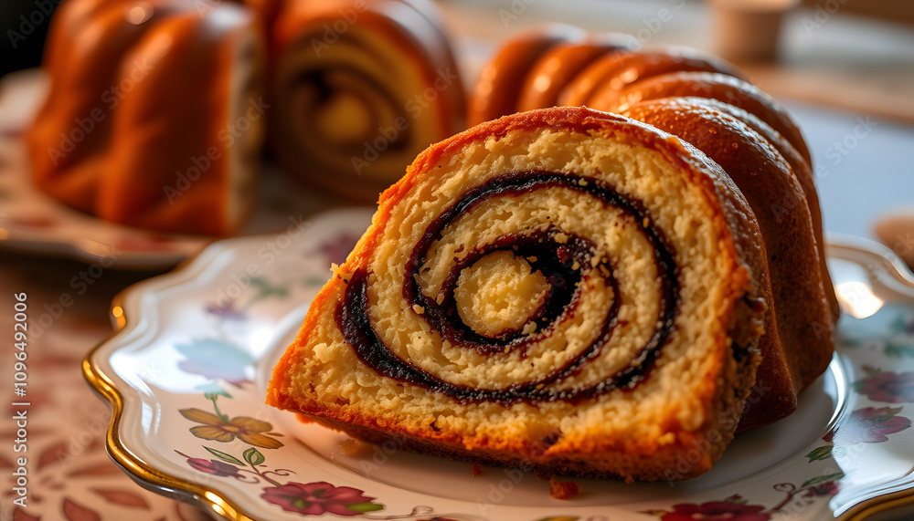 Fototapeta premium Slice of sweet cinnamon roll cake on a decorative plate showcasing spiral layers and creamy filling