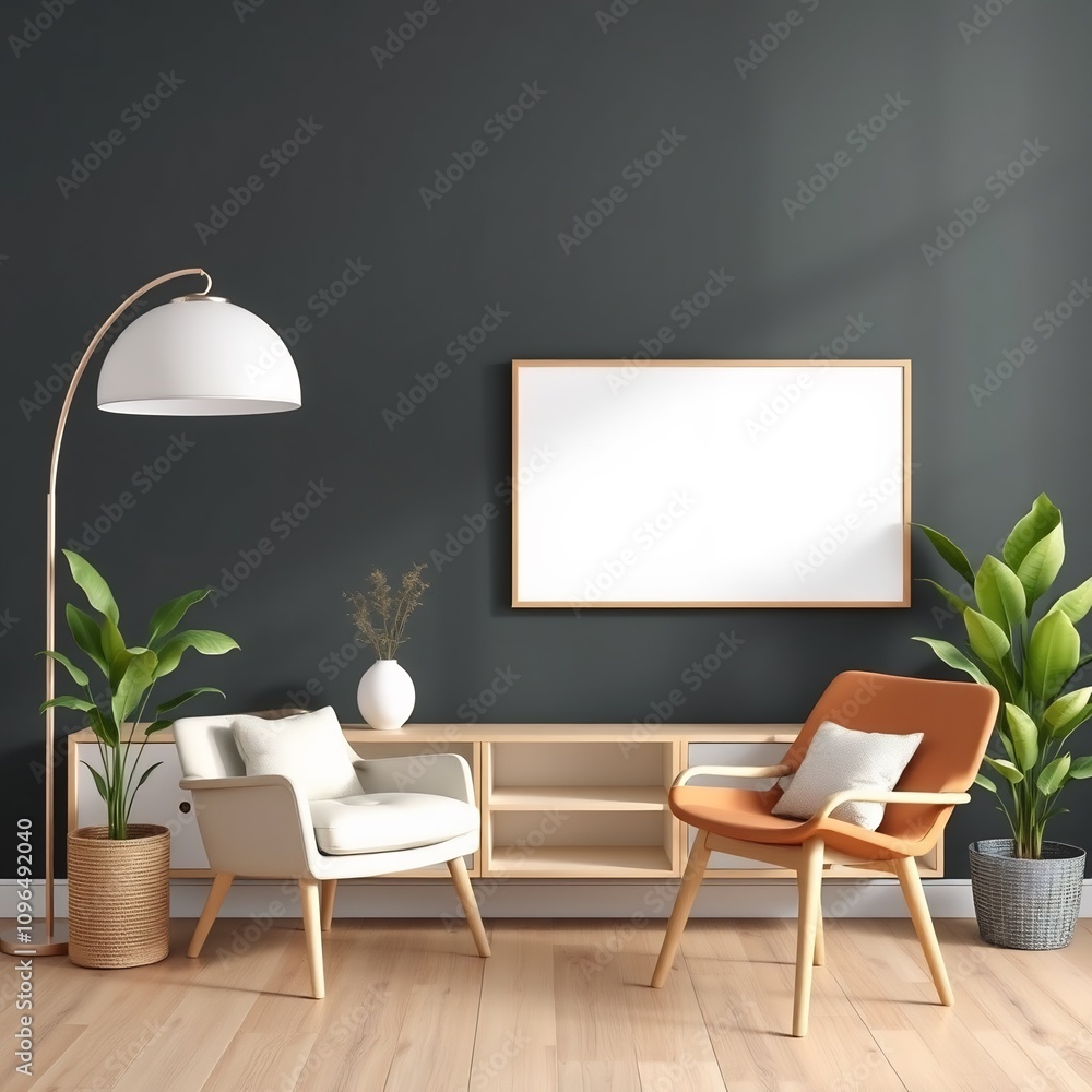 Modern living room with two chairs, a floor lamp, and a blank canvas. Modern living room with two chairs, a floor lamp, and a blank canvas.
