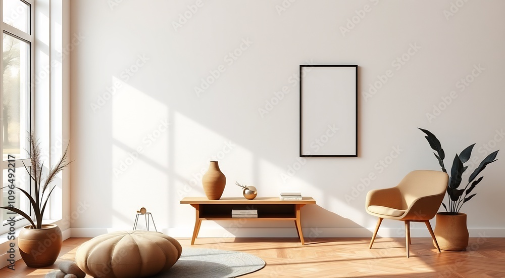 Minimalist living room interior with a beige armchair and a potted plant. Minimalist living room interior with a beige armchair and a potted plant.