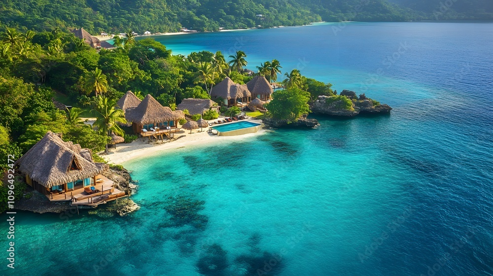Obraz premium Aerial view of tropical&nbsp;island resort with overwater bungalows, featuring turquoise ocean, white sandy beaches, and lush palm trees in panoramic perspective.