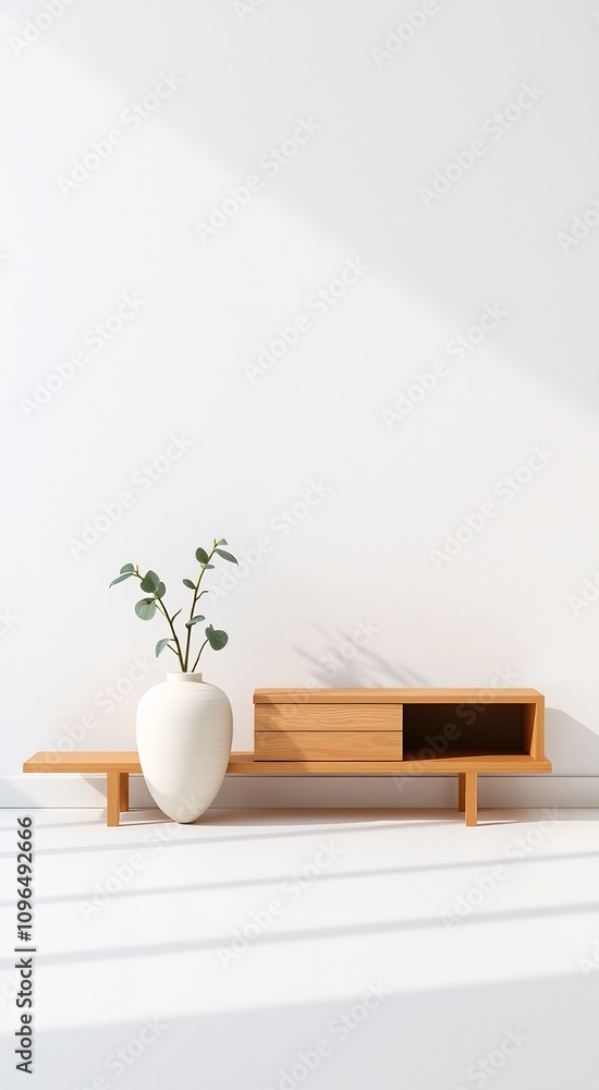 Minimalist interior design with a wooden shelf, vase, and plant. Minimalist interior design with a wooden shelf, vase, and plant.