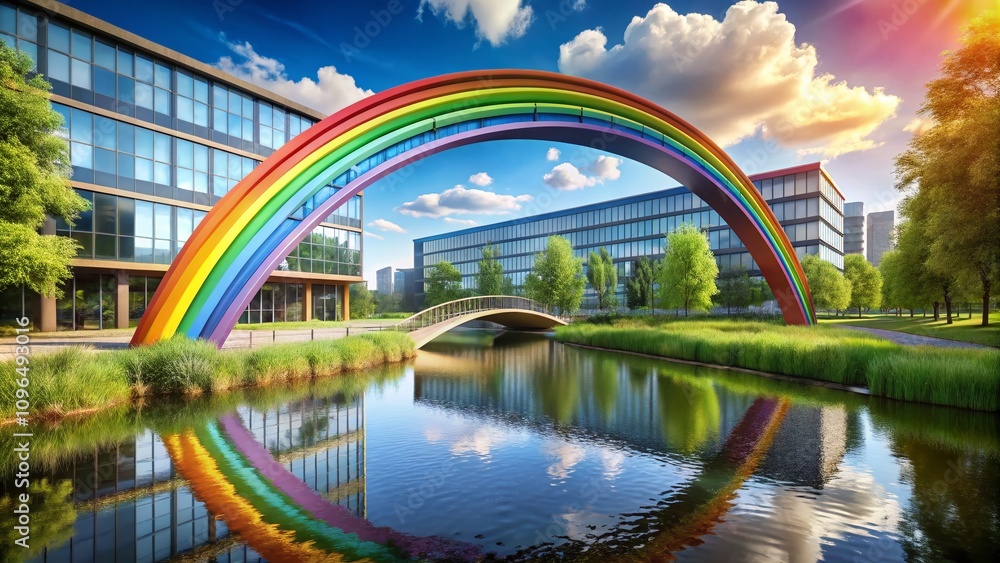 Obraz premium A Vibrant Rainbow Bridge Connecting Diverse Employee Groups in a Workplace, Symbolizing Inclusivity and Team Collaboration Across a Scenic Divide