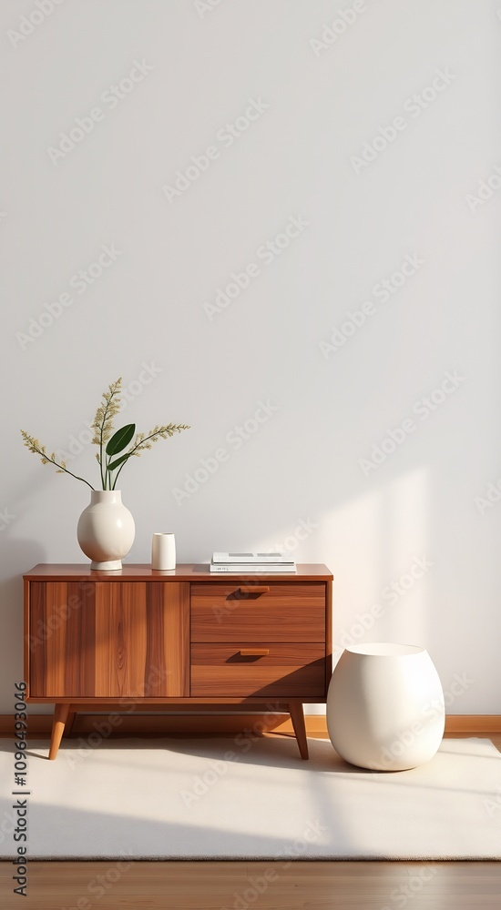 Modern living room interior with white wall, wooden dresser, and rug. Modern living room interior with white wall, wooden dresser, and rug.