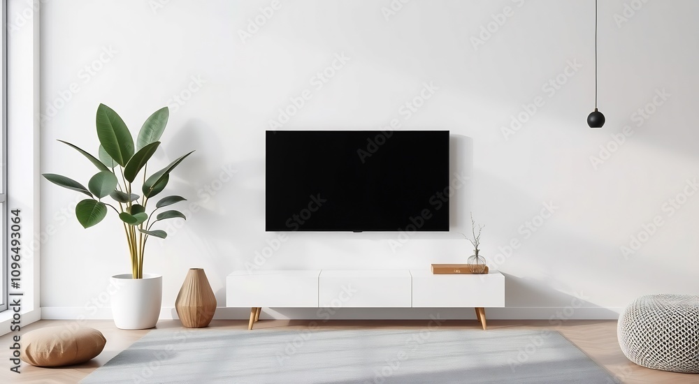 Minimalist living room interior with a TV, a plant, and a throw pillow. Minimalist living room interior with a TV, a plant, and a throw pillow.
