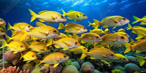 A Vibrant School of Yellow Snapper Fish Swimming Gracefully in the Clear Blue Ocean, Showcasing the Beauty of Underwater Wildlife and Tropical Marine Life photo