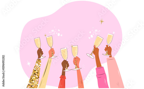 Banner for a women's party. Girls raise glasses of champagne up with space for inscription. Celebrating a party, a bachelorette party.