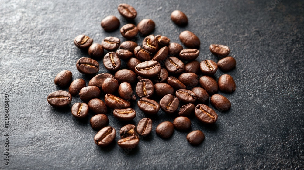 A pile of roasted coffee beans on a dark surface. A pile of roasted coffee beans on a dark surface.