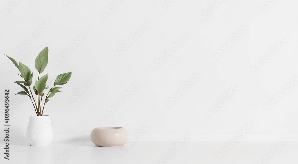 Simple minimalist interior design with a single green plant in a white pot and a beige planter on a white floor against a white wall. Simple minimalist interior design with a single green plant in a white pot and a beige planter on a white floor against a white wall.