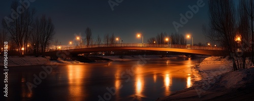 A serene night scene of a bridge over a river, illuminated by warm lights.