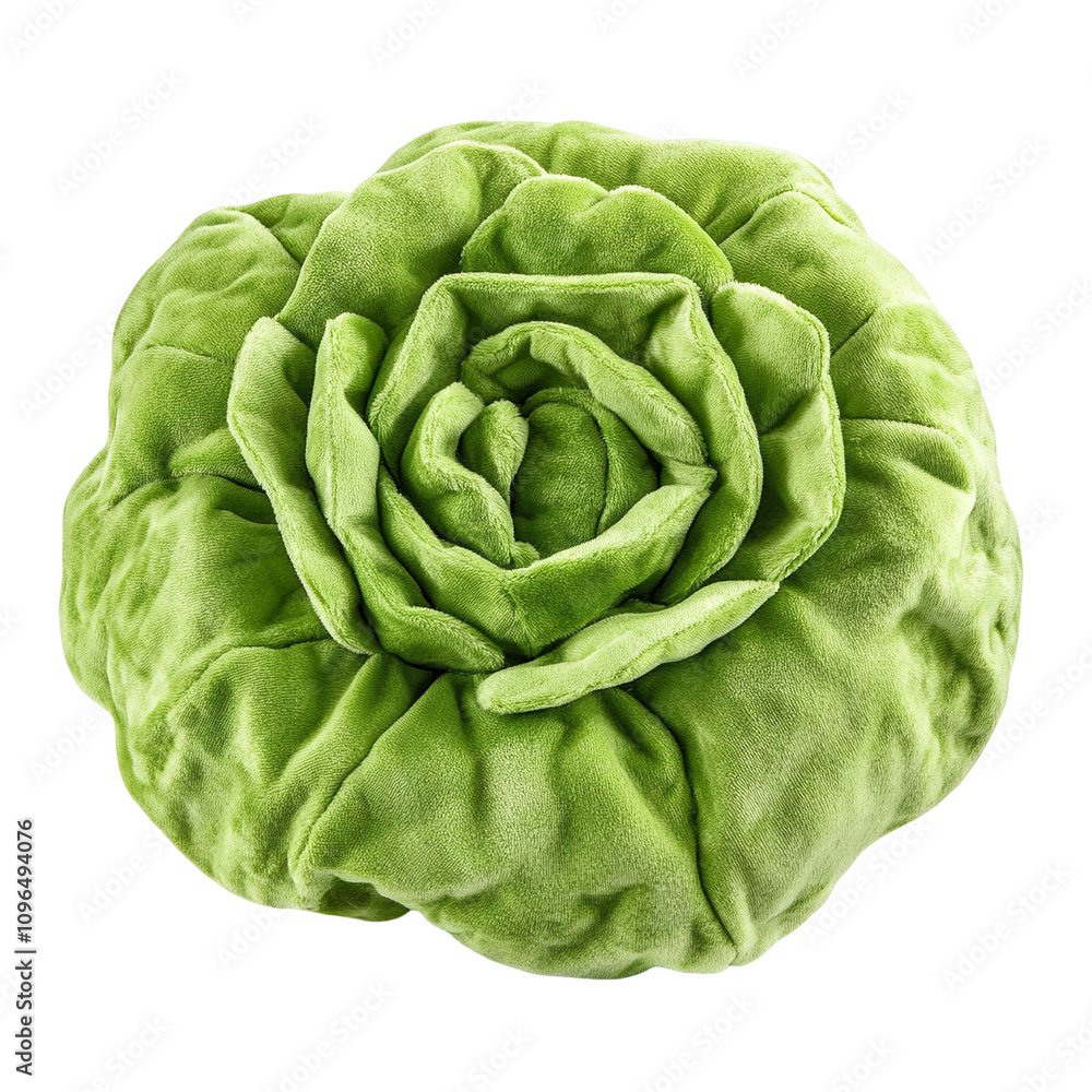 Fototapeta premium Extreme front view of a perfectly made hyper realistic butter lettuce vegetable soft toy isolated on a white transparent background