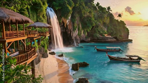 Vibrant tropical scenery featuring a waterfall cascading over rocks Lush palms and a rainforest are visible in the background The scene is depicted in a colorful 2D cartoon style