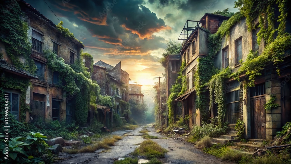 Abandoned Urban Landscape Highlighting Uninhabitable Conditions with Overgrown Vegetation and Decaying Structures, Evoking a Sense of Isolation and Nature's Reclamation Abandoned Urban Landscape Highlighting Uninhabitable Conditions with Overgrown Vegetation and Decaying Structures, Evoking a Sense of Isolation and Nature's Reclamation