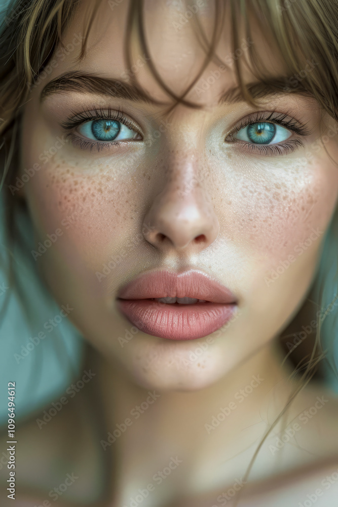 A woman with blue eyes and a pinkish lip color. She has a light brown hair. The image is a close up of her face A woman with blue eyes and a pinkish lip color. She has a light brown hair. The image is a close up of her face