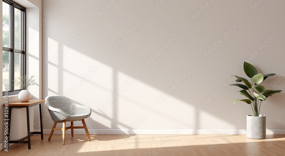 Minimalist living room interior with a single chair, a potted plant, and natural light. Minimalist living room interior with a single chair, a potted plant, and natural light.