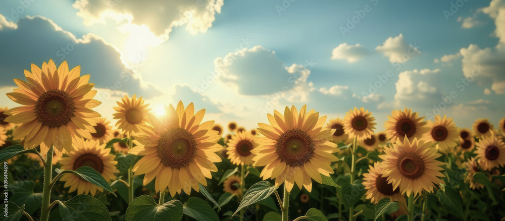Obraz premium Sunlit sunflower field, vibrant yellow blossoms under blue sky, bright summer day with fluffy clouds on the horizon, nature beauty concept