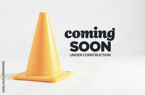 Traffic cone near coming soon text on white background symbolizing construction and caution warning concept