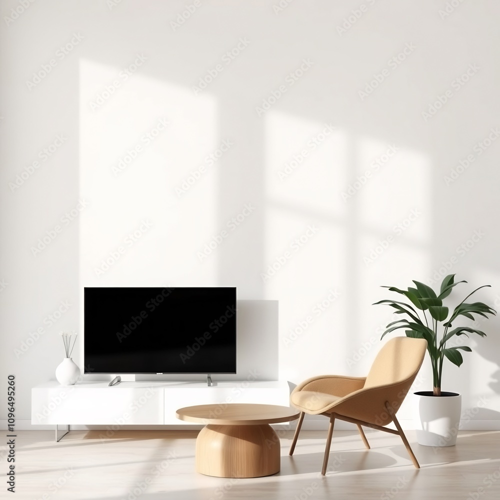 Modern living room interior with a tv, armchair, coffee table, and plant. Modern living room interior with a tv, armchair, coffee table, and plant.