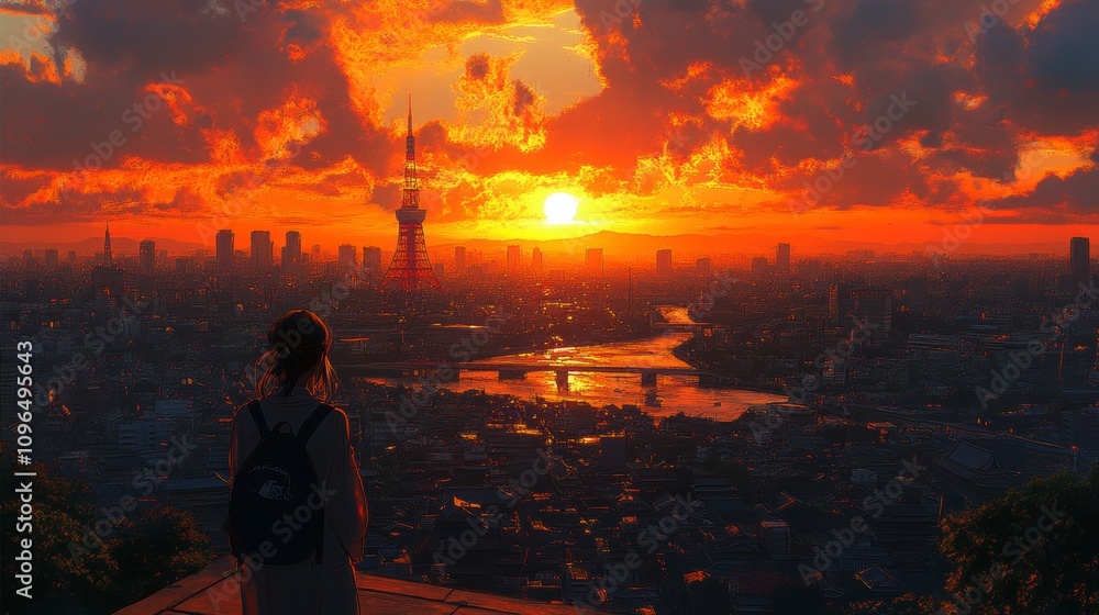 Fototapeta premium Tokyo Sunset Panorama: A Breathtaking View of the City