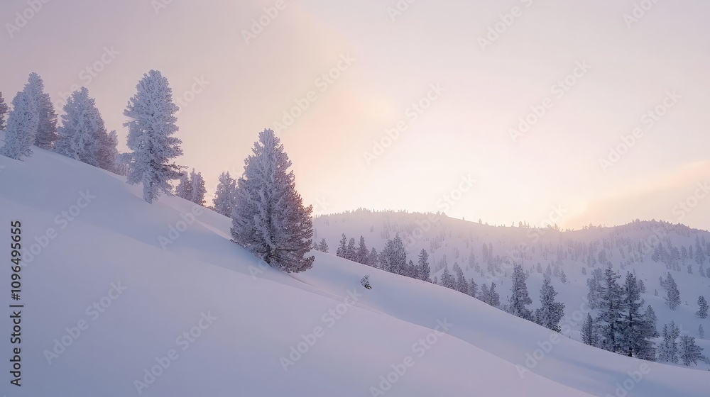 Fototapeta premium Serene winter sunrise over snow-covered mountain slope with frost-covered trees.