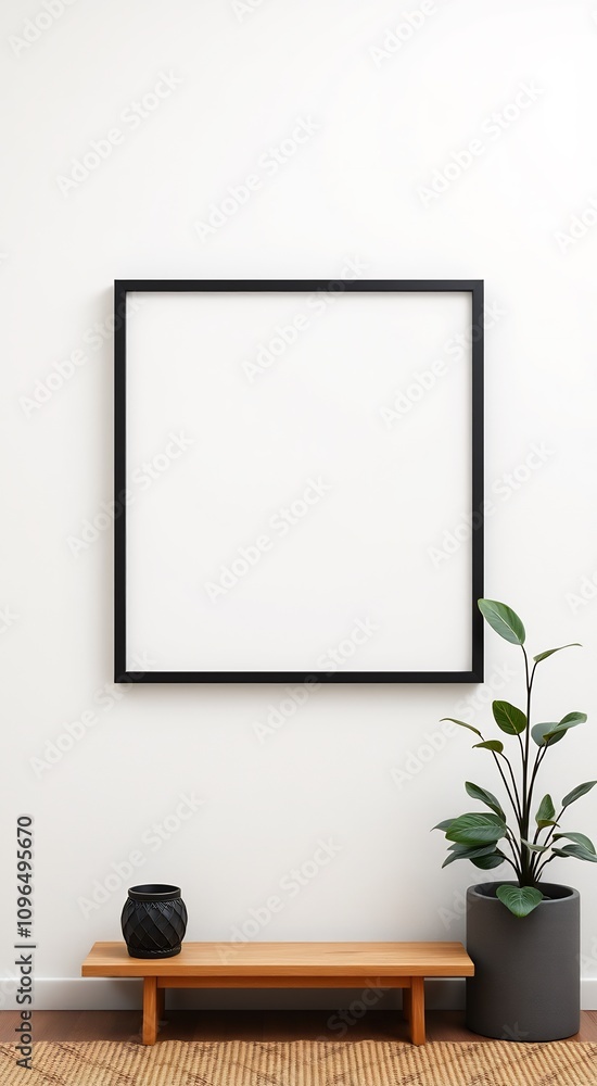 A black picture frame hangs on a white wall above a wooden bench with a plant in a pot. A black picture frame hangs on a white wall above a wooden bench with a plant in a pot.