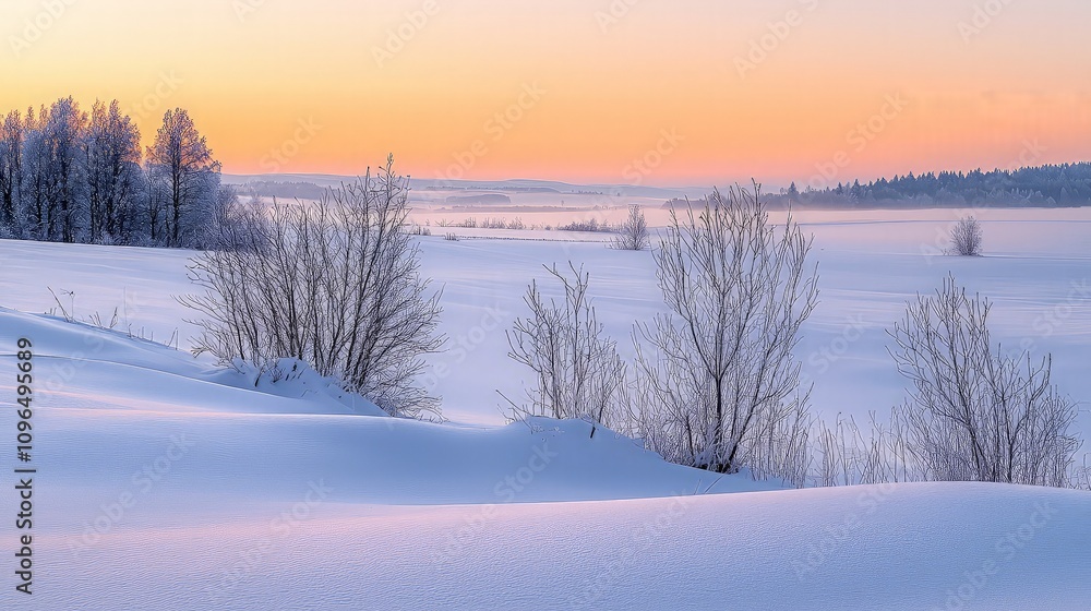 Serene winter sunrise over snow-covered field with frost-covered trees and soft pastel light. Serene winter sunrise over snow-covered field with frost-covered trees and soft pastel light.