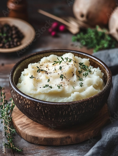 Scottish clapshot with mashed potatoes, turnips, and fresh herbs, served in a rustic bowl, cozy autumnal setting photo