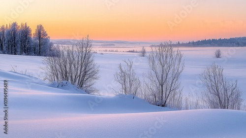 Serene winter sunrise over snow-covered field with frost-covered trees and soft pastel light.