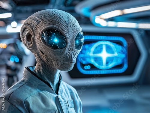 Alien Being Standing in Front of a Holographic Starmap, Capturing the Essence of Sci-Fi Exploration and Extraterrestrial Intelligence in a Futuristic Environment photo