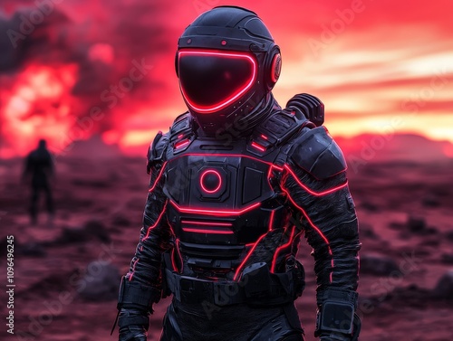 Futuristic Alien Warrior in Advanced Biomechanical Armor Standing Against a Red Sky with Cosmic Background, Evoking a Sense of Adventure and Exploration