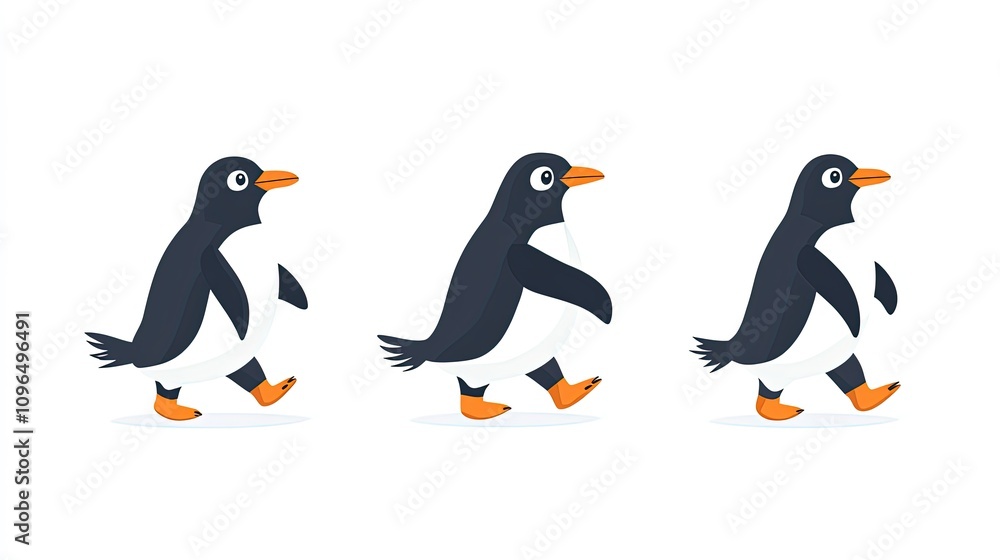 Naklejka premium Three cartoon penguins walking animation sequence.