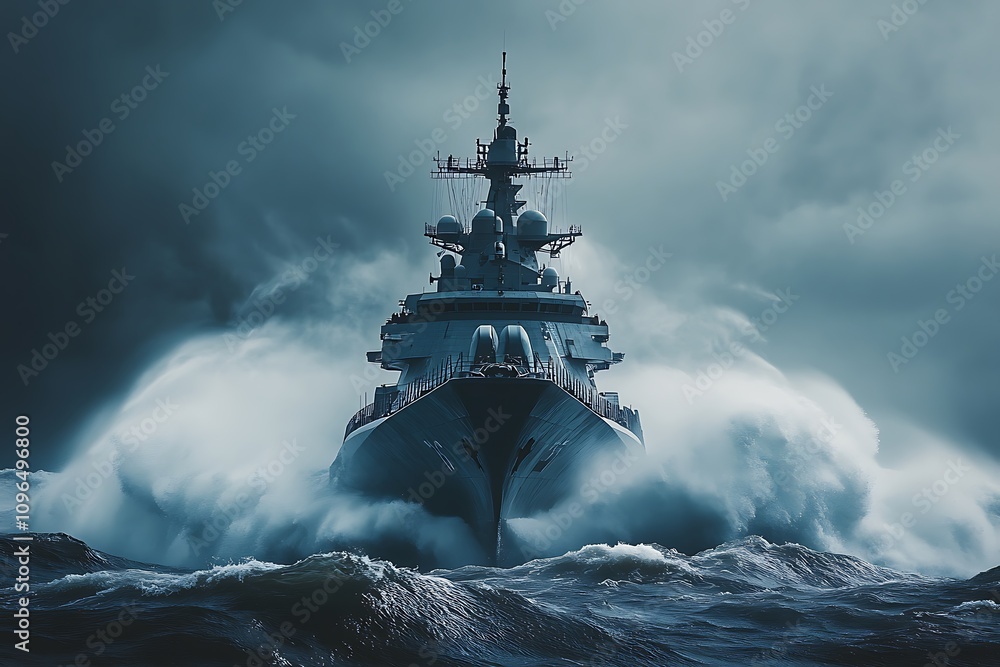 Fototapeta premium A powerful warship navigating through turbulent ocean waves under a stormy sky.