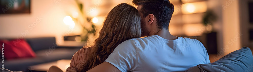 Couple Relaxing on Sofa at Home in Evening Couple Relaxing on Sofa at Home in Evening