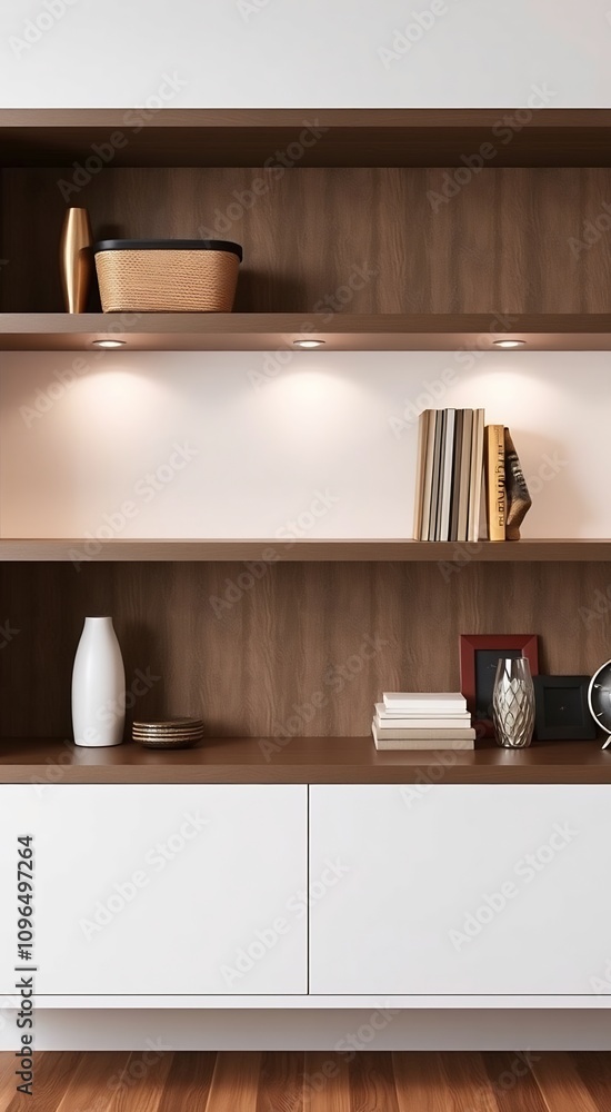 Modern minimalist wooden shelves with white cabinet and decorative objects. Modern minimalist wooden shelves with white cabinet and decorative objects.